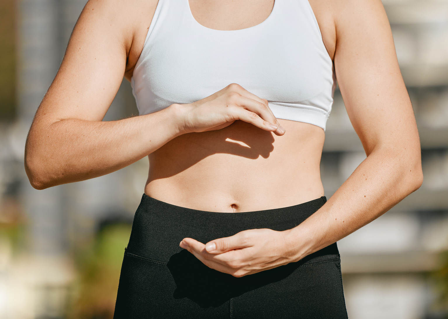 Hands Frame, Fitness and Stomach for Diet Wellness, Body Health or Abs Muscle Growth in Workout, Training or Exercise. Weight Loss, Sports and Woman with Liposuction, Tummy Tuck or Gut Digestion.